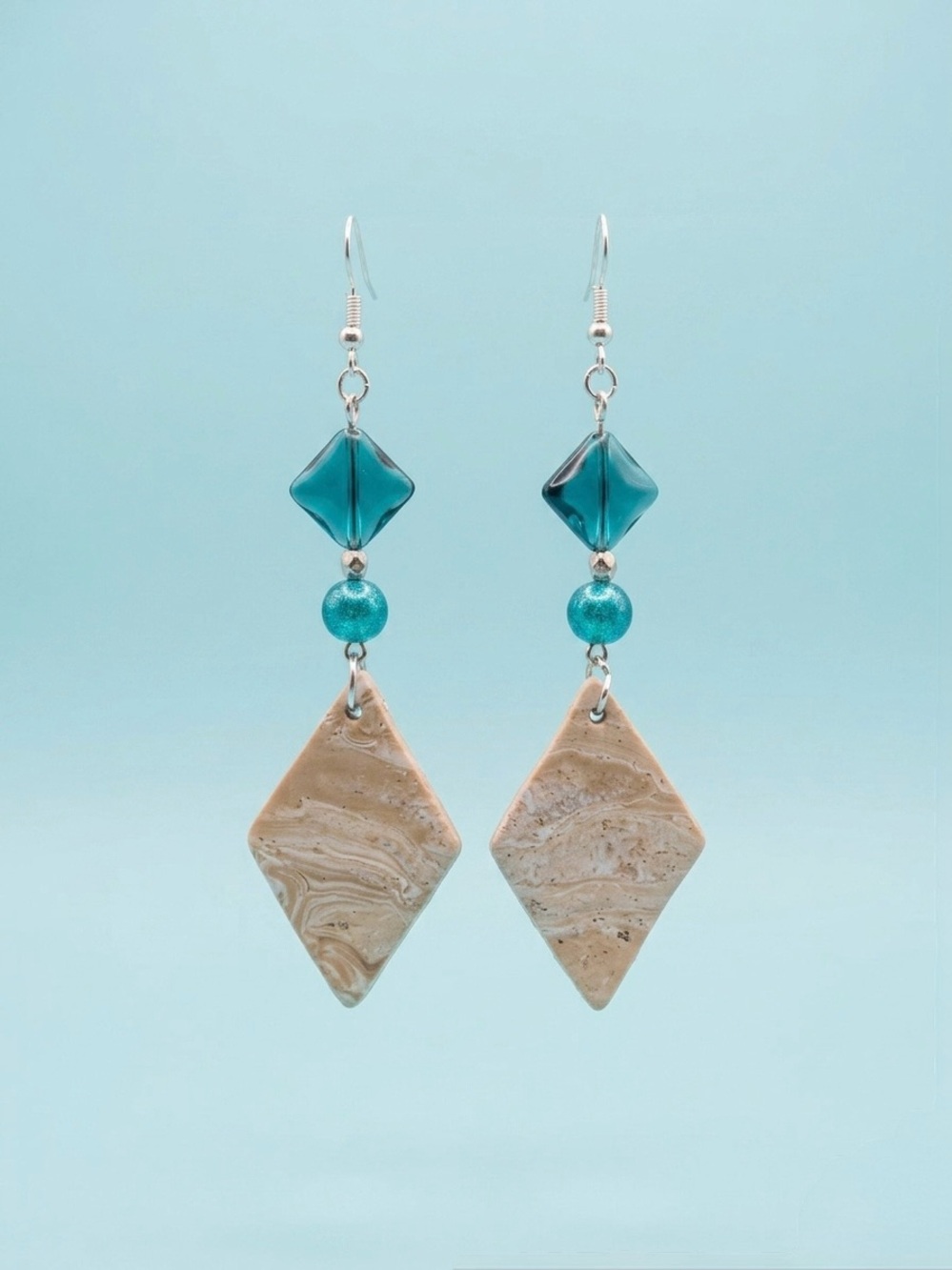 Handmade Teal and Beige Dangle Earrings - Elegant Women's Jewelry clay bottom